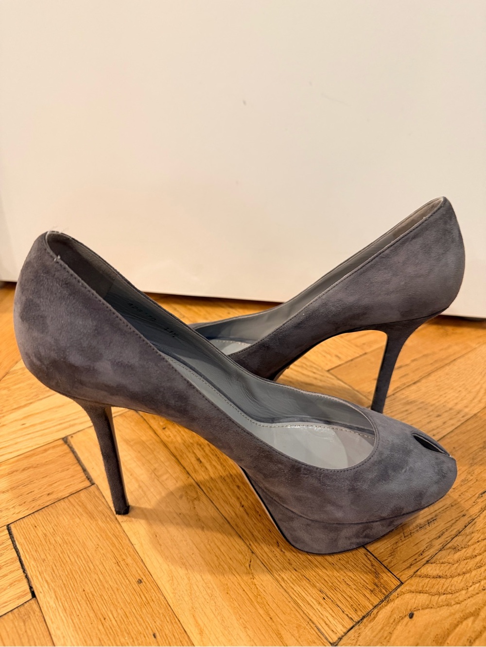 Sergio Rossi Gray Suede Peep Toe Platform Pumps Heels Size 11.5 EU 41.5